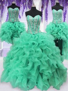 Modern Four Piece Turquoise Quinceanera Gown Military Ball and Sweet 16 and Quinceanera and For with Ruffles and Sequins