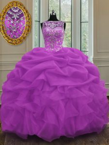 High Class Scoop Lilac Organza Lace Up Quinceanera Gown Sleeveless Floor Length Beading and Pick Ups