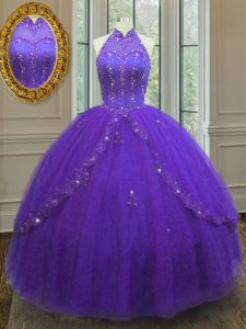 Sleeveless Floor Length Beading and Appliques Lace Up Ball Gown Prom Dress with Purple