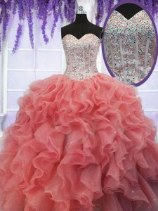 Best Selling Coral Red Sweetheart Lace Up Ruffles and Sequins Quinceanera Dress Sleeveless