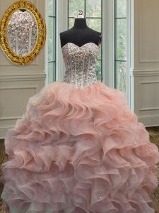 Cute Peach Sweetheart Lace Up Beading and Ruffles 15 Quinceanera Dress Sleeveless