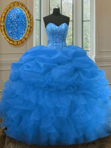 Blue Lace Up Quinceanera Dress Beading and Ruffles and Pick Ups Sleeveless Floor Length