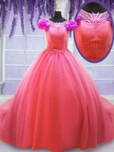 Beauteous Watermelon Red Tulle Lace Up Scoop Short Sleeves Sweet 16 Dress Court Train Hand Made Flower