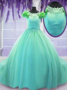 Exquisite Turquoise Ball Gowns Scoop Short Sleeves Tulle Court Train Lace Up Hand Made Flower 15th Birthday Dress