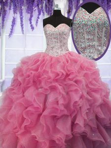 Sumptuous Rose Pink Organza Lace Up Sweetheart Sleeveless Floor Length Sweet 16 Dress Ruffles and Sequins