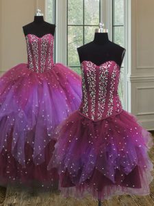 Best Three Piece Multi-color Ball Gowns Beading and Ruffles and Sequins 15th Birthday Dress Lace Up Tulle Sleeveless Flo