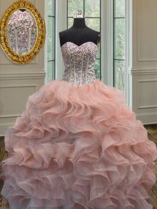 Peach Ball Gowns Organza Sweetheart Sleeveless Beading and Ruffles Floor Length Lace Up Quinceanera Dresses