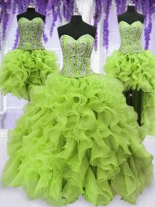 Affordable Four Piece Floor Length Yellow Green Ball Gown Prom Dress Sweetheart Sleeveless Lace Up