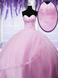 Best Baby Pink Tulle Lace Up Sweetheart Sleeveless Floor Length Quinceanera Gown Appliques