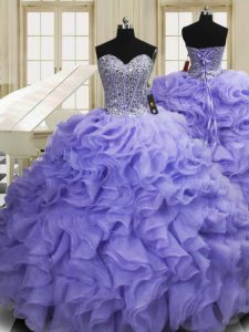 Beautiful Lavender Lace Up Sweetheart Beading and Ruffles Sweet 16 Quinceanera Dress Organza Sleeveless Sweep Train