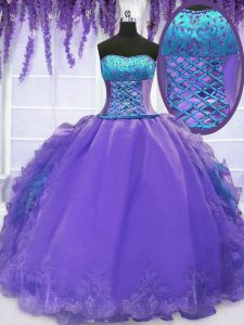 Modest Lavender Organza Lace Up Quinceanera Dresses Sleeveless Floor Length Embroidery and Ruffles