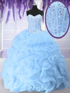 Charming Floor Length Lace Up Quinceanera Dress Light Blue for Military Ball and Sweet 16 and Quinceanera with Beading a