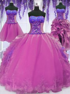 New Style Four Piece Lilac Organza Lace Up Vestidos de Quinceanera Sleeveless Floor Length Appliques and Embroidery