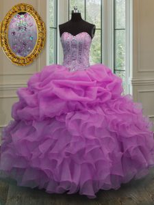 Custom Design Beading and Ruffles and Pick Ups Quinceanera Gown Lilac Lace Up Sleeveless Floor Length