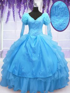 Low Price Organza V-neck Long Sleeves Lace Up Beading and Embroidery and Hand Made Flower Quinceanera Dresses in Baby Bl