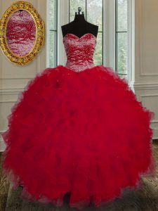 Floor Length Lace Up Quinceanera Gowns Red for Military Ball and Sweet 16 with Beading and Ruffles