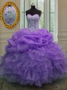 High Class Pick Ups Lavender Sleeveless Organza Lace Up Sweet 16 Dress for Military Ball and Sweet 16 and Quinceanera