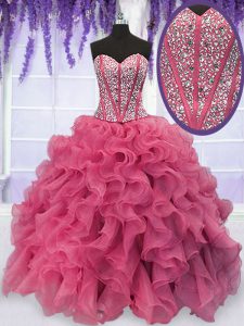 Fashion Floor Length Lace Up Sweet 16 Dresses Pink for Military Ball and Sweet 16 and Quinceanera with Beading and Ruffl