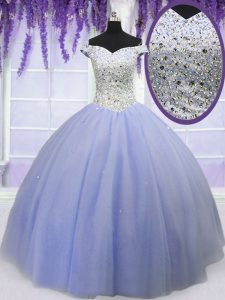 Affordable Lavender Ball Gowns Off The Shoulder Short Sleeves Tulle Floor Length Lace Up Beading Quinceanera Dress