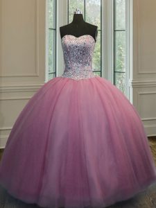 Custom Designed Sweetheart Sleeveless Quinceanera Gown Floor Length Beading Baby Pink Organza