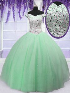 Modest Off the Shoulder Sleeveless Floor Length Beading Lace Up Vestidos de Quinceanera with Apple Green