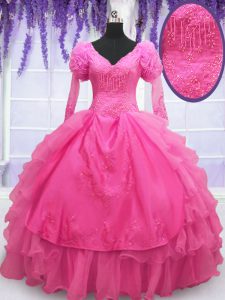 Adorable Hot Pink Organza Lace Up Sweet 16 Quinceanera Dress Long Sleeves Floor Length Beading and Embroidery and Hand M