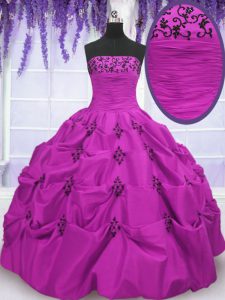 Fuchsia Sweet 16 Dress Military Ball and Sweet 16 and Quinceanera and For with Embroidery and Pick Ups Strapless Sleevel