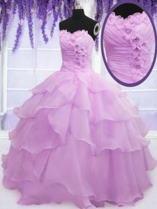 Organza Sweetheart Sleeveless Lace Up Beading and Ruffled Layers and Hand Made Flower Ball Gown Prom Dress in Lilac