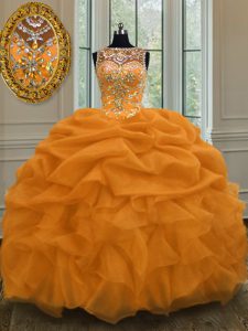 Artistic Scoop Sleeveless Floor Length Beading and Pick Ups Lace Up Ball Gown Prom Dress with Gold