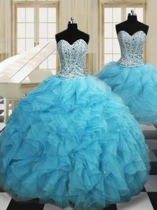 Three Piece Floor Length Lace Up 15 Quinceanera Dress Baby Blue for Military Ball and Sweet 16 and Quinceanera with Bead