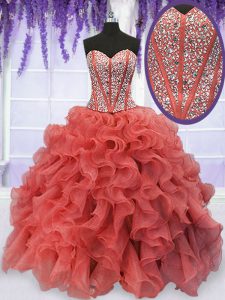 Amazing Organza Sweetheart Sleeveless Lace Up Beading and Ruffles Sweet 16 Dresses in Coral Red