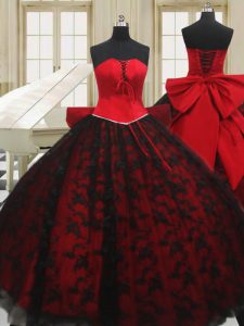 Admirable Red Lace Up Strapless Beading and Bowknot Quinceanera Gown Organza Sleeveless