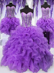 Popular Four Piece Sweetheart Sleeveless Organza Ball Gown Prom Dress Ruffles and Sequins Lace Up