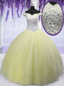 Off the Shoulder Light Yellow Short Sleeves Floor Length Beading Lace Up Sweet 16 Quinceanera Dress