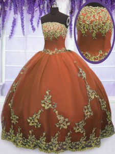 New Style Rust Red Strapless Zipper Appliques Quince Ball Gowns Sleeveless