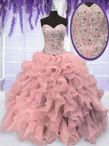 Sleeveless Floor Length Beading and Ruffles Lace Up Quince Ball Gowns with Pink