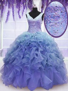 Stylish Organza V-neck Sleeveless Lace Up Beading and Embroidery and Ruffles 15 Quinceanera Dress in Purple