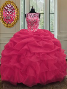 Comfortable Scoop Floor Length Lace Up Quince Ball Gowns Coral Red for Military Ball and Sweet 16 and Quinceanera with B