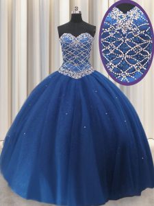 Sequins Ball Gowns Sweet 16 Dress Royal Blue Sweetheart Tulle Sleeveless Floor Length Lace Up