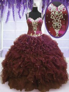 Charming Straps Floor Length Zipper Quinceanera Dress Burgundy for Military Ball and Sweet 16 and Quinceanera with Beadi