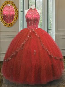 Most Popular Tulle Halter Top Sleeveless Lace Up Beading and Appliques 15 Quinceanera Dress in Wine Red
