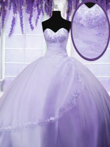 Fitting Lavender Ball Gowns Appliques Quinceanera Gown Lace Up Tulle Sleeveless Floor Length