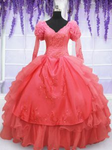 Gorgeous Coral Red Long Sleeves Beading and Embroidery Floor Length 15 Quinceanera Dress