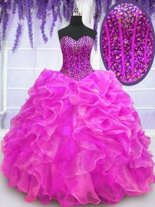 Sophisticated Sweetheart Sleeveless Lace Up 15 Quinceanera Dress Fuchsia Organza
