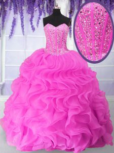 Fuchsia Ball Gowns Organza Sweetheart Sleeveless Beading and Ruffles Floor Length Lace Up 15th Birthday Dress