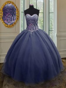 Navy Blue Ball Gowns Sweetheart Sleeveless Organza Floor Length Lace Up Beading and Ruching 15 Quinceanera Dress