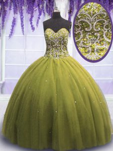 Olive Green Sweetheart Neckline Beading and Appliques 15 Quinceanera Dress Sleeveless Lace Up