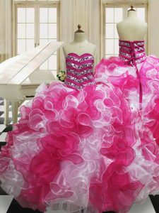 Floor Length Pink And White Quinceanera Dresses Organza Sleeveless Beading and Ruffles