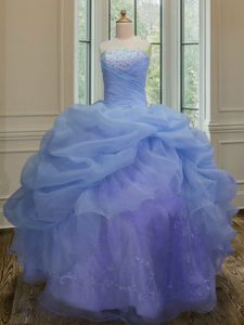 Floor Length Lace Up Quinceanera Gowns Blue for Military Ball and Sweet 16 and Quinceanera with Embroidery and Pick Ups