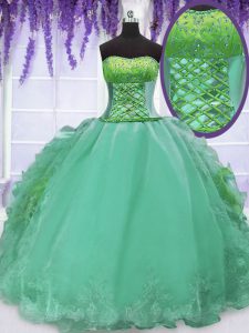 Superior Strapless Sleeveless Organza Quinceanera Dresses Embroidery and Ruffles Lace Up